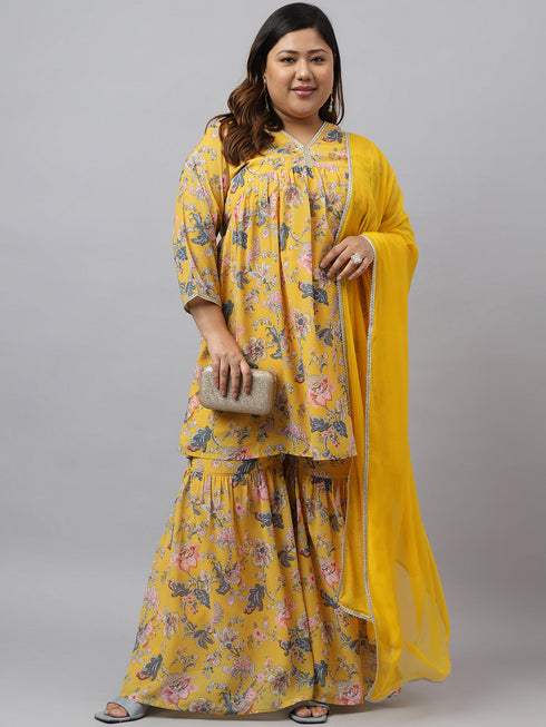 Plus Size Yellow Georgette Kurta With sharara and Dupatta